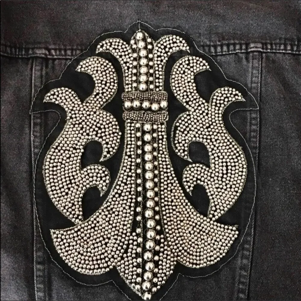 MinkPink NWT Demin Jacket Cotton Embellished Silver Beaded Fleur de Lis - Picture 7 of 8
